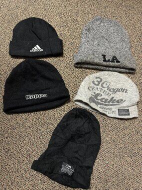 Lot Of 5 Assorted Beanies Black Gray Adult Knit Cat Hat Toboggan Winter